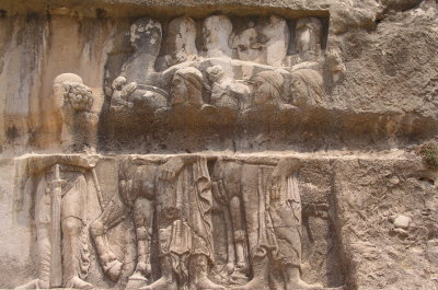 The relief of Bahram II meets Arabians led by a royal guard: Chowgan Gorge